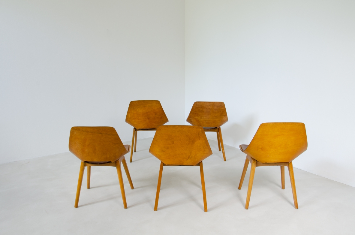 Pierre Gauriche, set di 6 sedute modello Amsterdam in legno curvato. Prod. Steiner, Francia 1950ca.