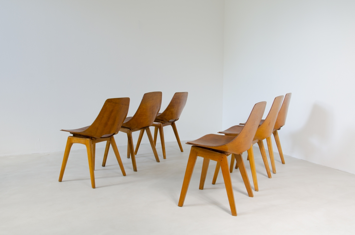 Pierre Gauriche, set di 6 sedute modello Amsterdam in legno curvato. Prod. Steiner, Francia 1950ca.