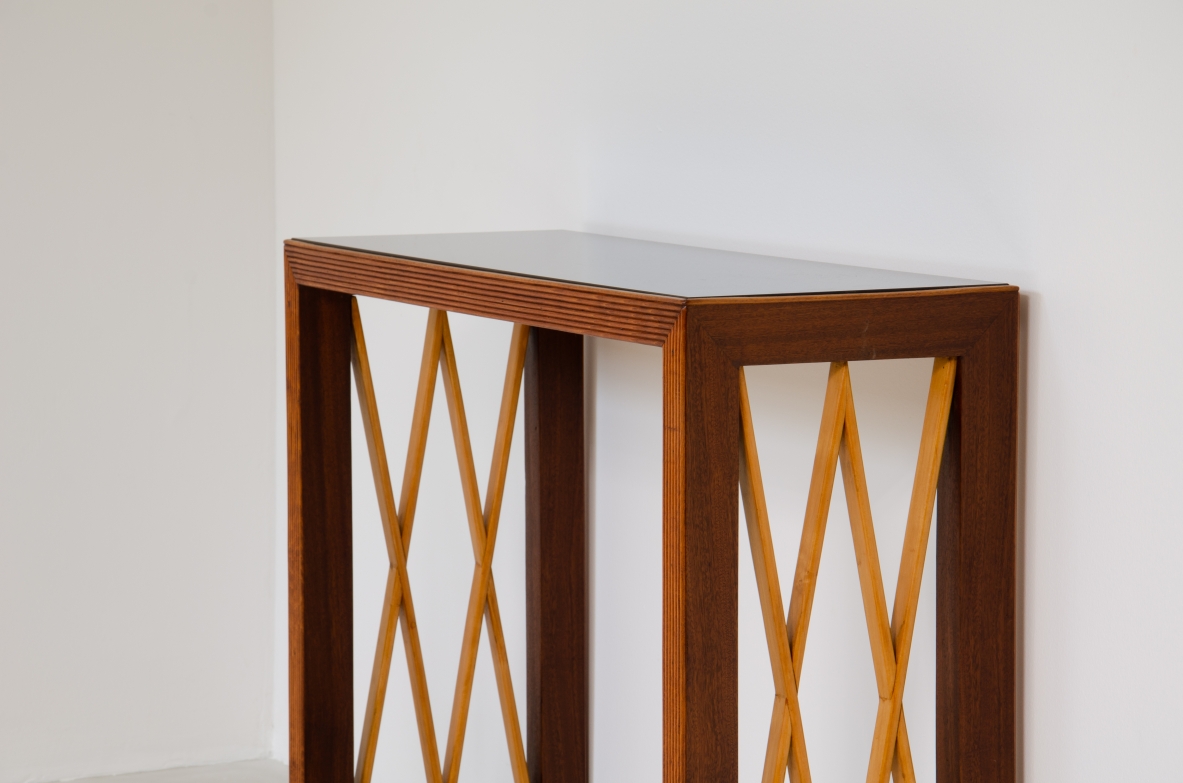 Piero Portaluppi, 1950's sculptural console table with black opaline glass top.