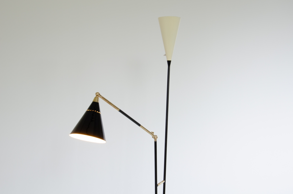 Stilux Milano, 1950's floor lamp in metal and brass with two stems one of which is adjustable. Lamp shades in painted metal and nice marble base.