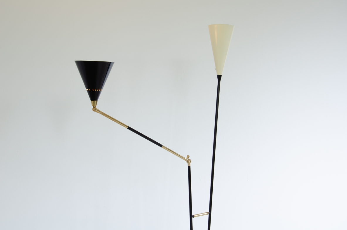 Stilux Milano, 1950's floor lamp in metal and brass with two stems one of which is adjustable. Lamp shades in painted metal and nice marble base.