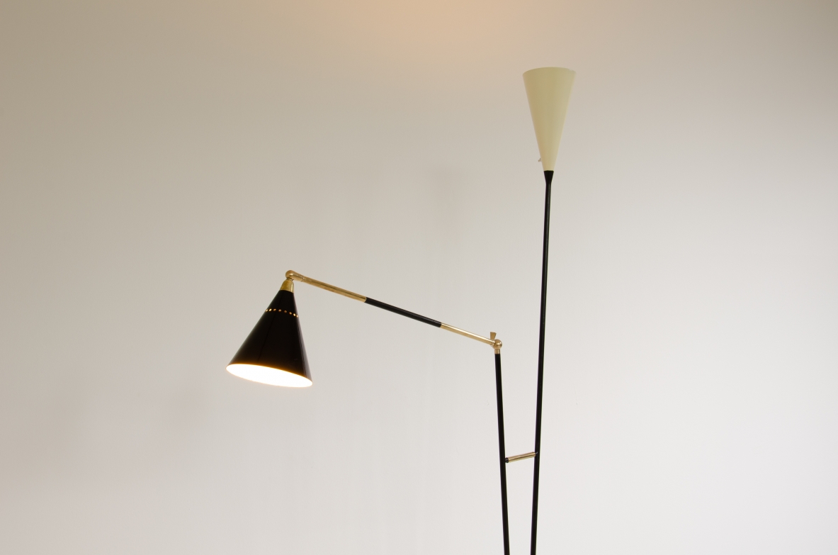 Stilux Milano, 1950's floor lamp in metal and brass with two stems one of which is adjustable. Lamp shades in painted metal and nice marble base.