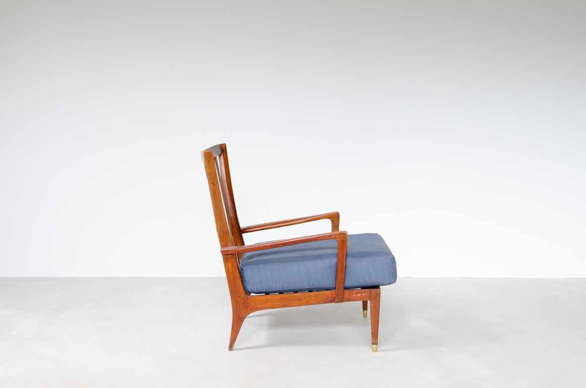Paolo Buffa, 1950's armchair in cherry wood with brass tips, upholstery on seat and back.