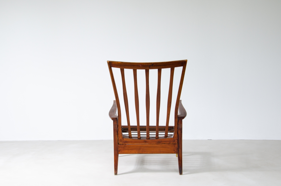 Paolo Buffa, 1950's armchair in cherry wood with brass tips, upholstery on seat and back.