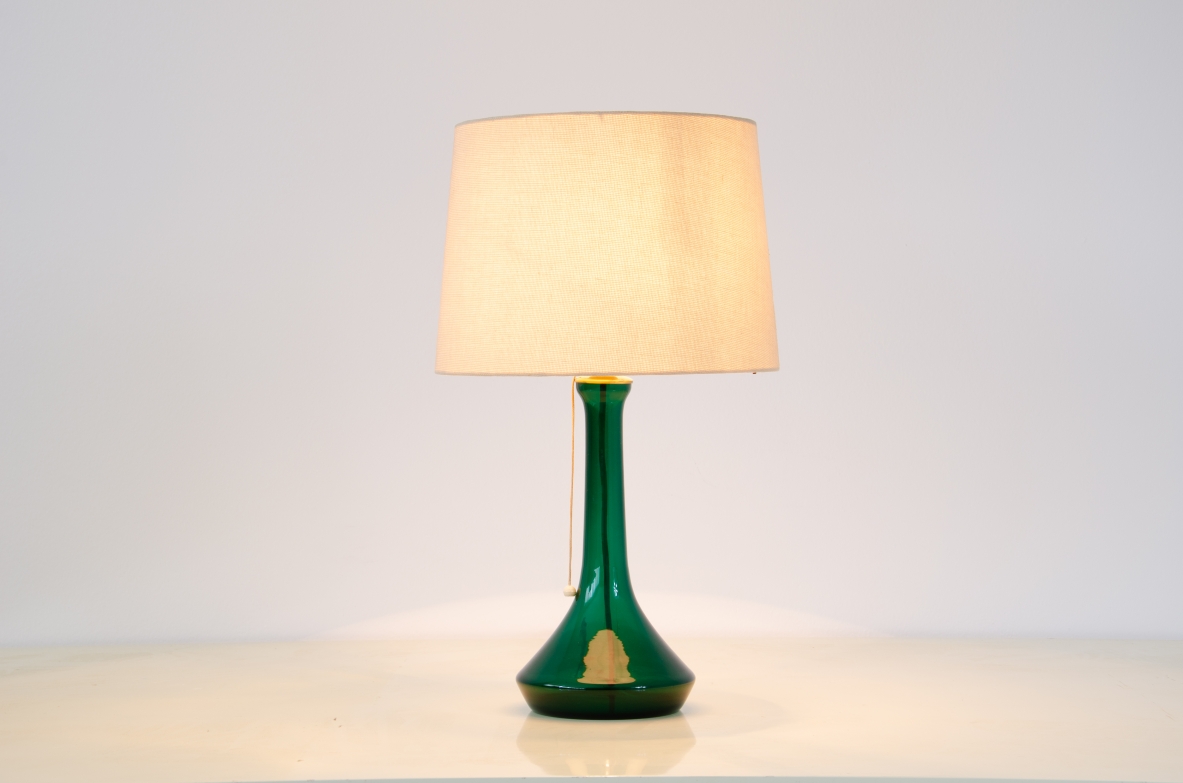 Table lamp with green blown glass base and silk top.   John K.Hayl, Germny 1960's 