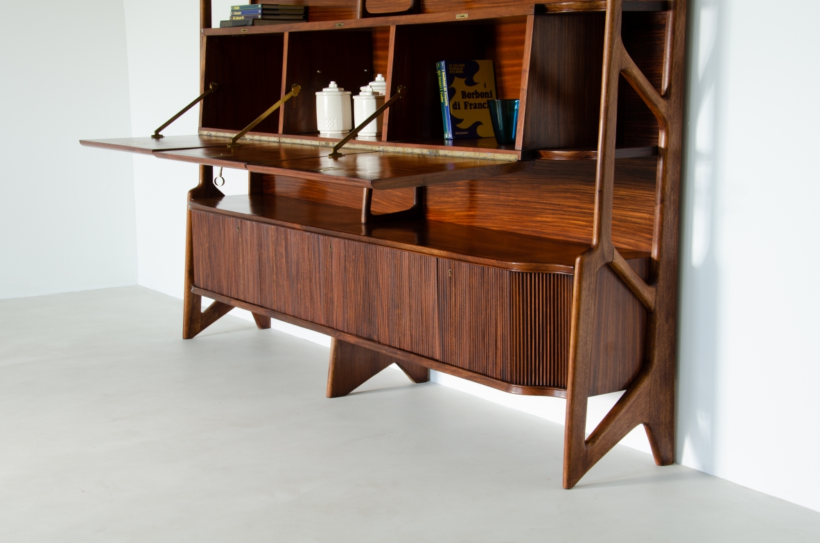 Ico Parisi, high cabinet with three central flap compartments and ribbed wood doors.