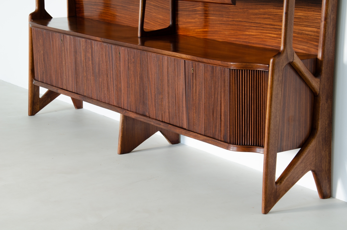 Ico Parisi, high cabinet with three central flap compartments and ribbed wood doors.