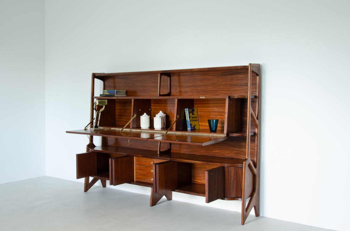 Ico Parisi, high cabinet with three central flap compartments and ribbed wood doors.