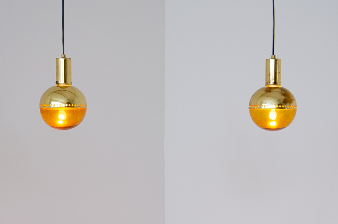 Hans A. Jacobsson, set of four pending lamps in brass and blown glass.  Prod. Haj, Stockholm Sweden, 1960s.