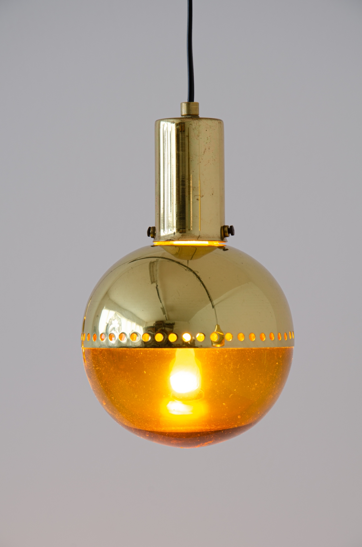 Hans A. Jacobsson, set of four pending lamps in brass and blown glass.  Prod. Haj, Stockholm Sweden, 1960s.