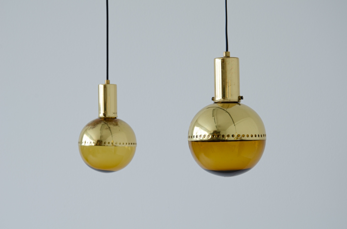 Hans A. Jacobsson, set of four pending lamps in brass and blown glass.  Prod. Haj, Stockholm Sweden, 1960s.