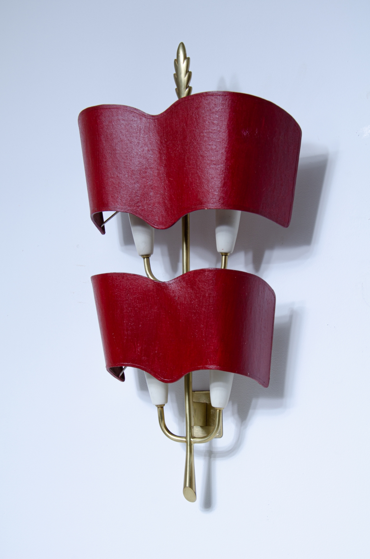 Pair of brass sconces with original shaped lampshades.  Milan, 1950s.