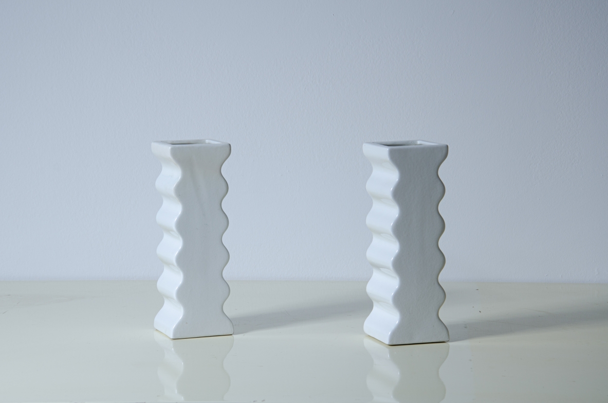 Ettore Sottsass, pair of vases from the 'Onde' series in white majolica.  Produced by Società Ceramica Toscana for Il Sestante, Milan, 1969.