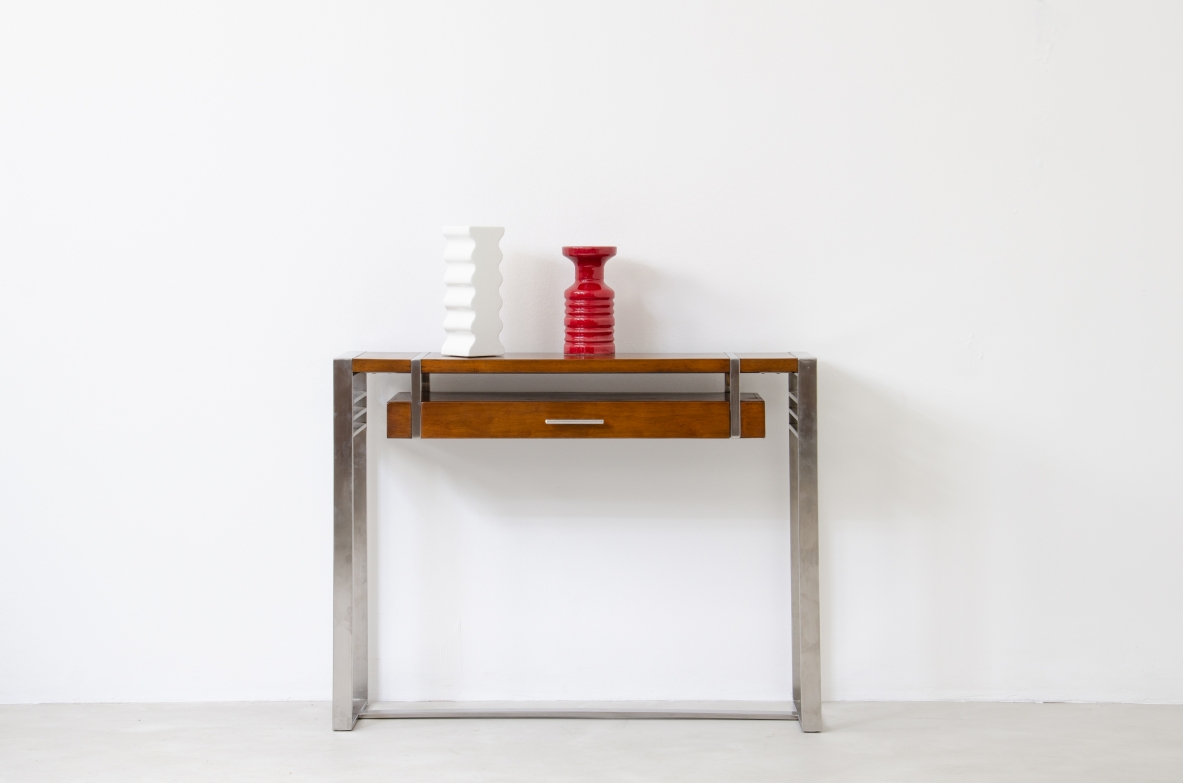 Console modernista in acciaio e legno con cassetto.  Francia 1935.