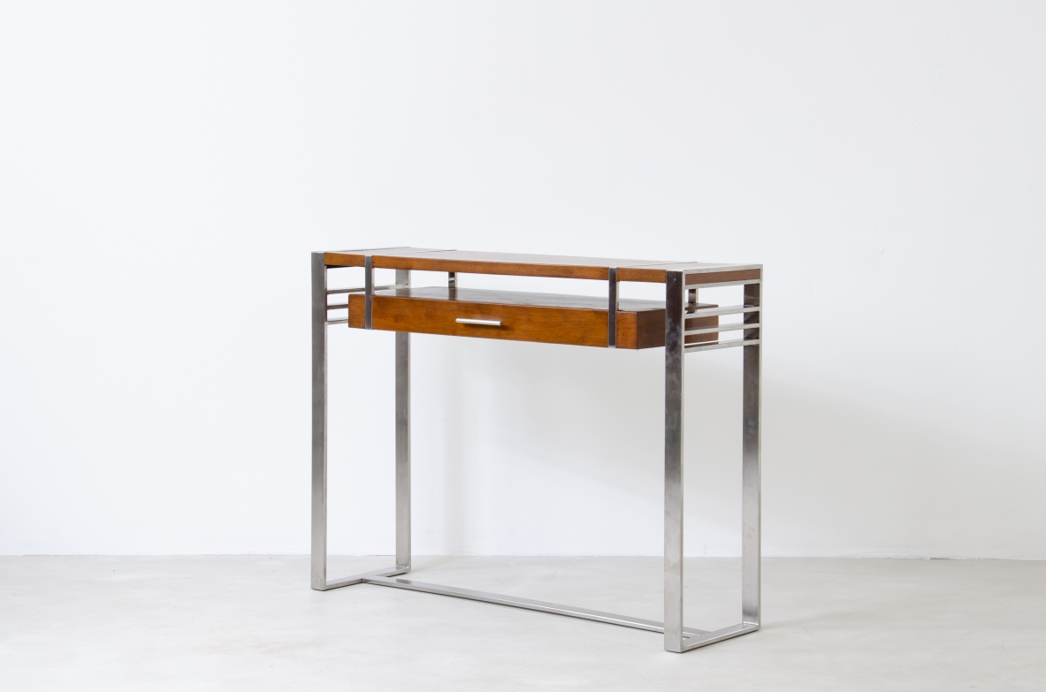 Console modernista in acciaio e legno con cassetto.  Francia 1935.