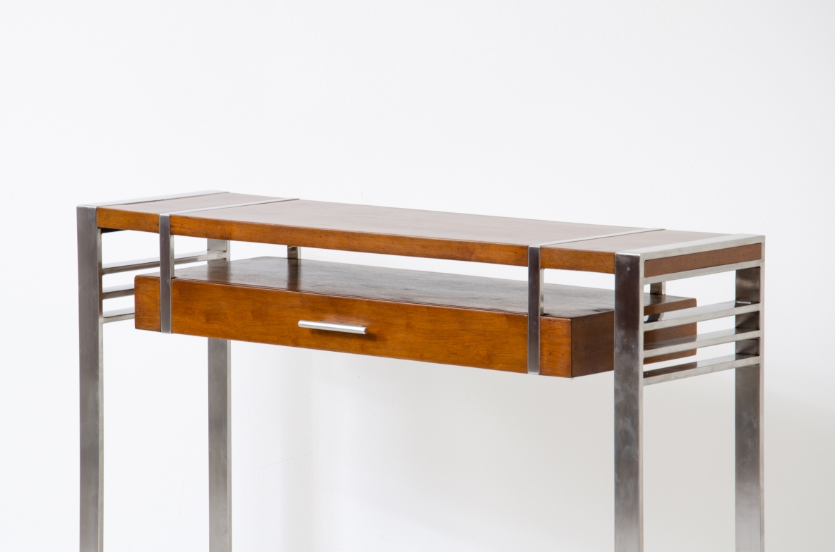 Console modernista in acciaio e legno con cassetto.  Francia 1935.