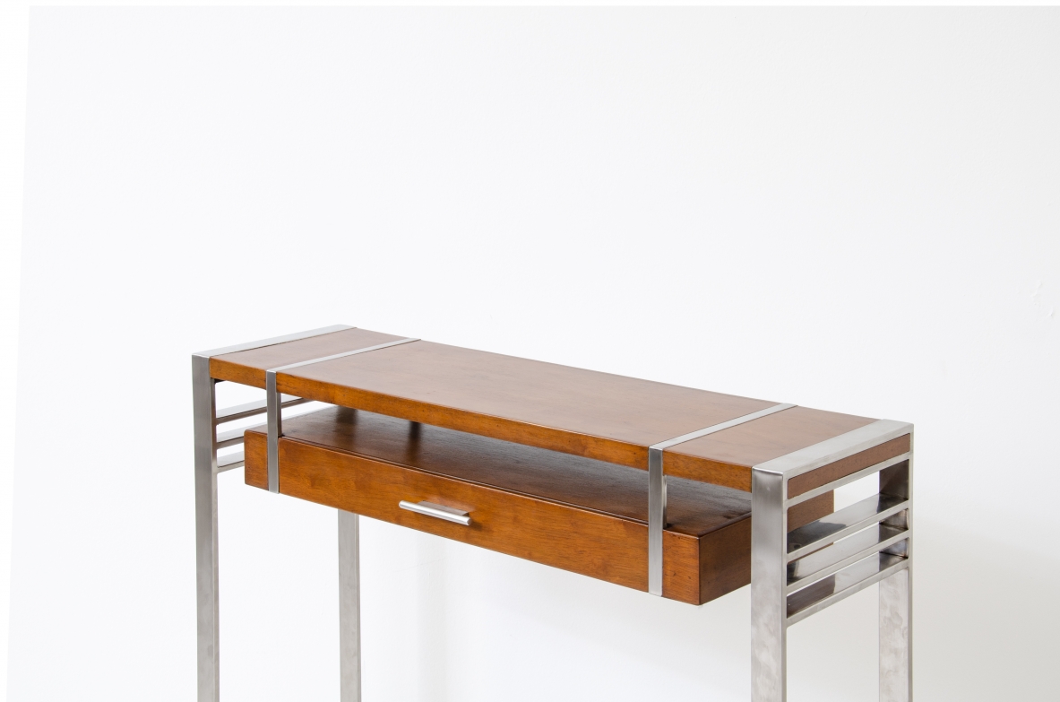 Console modernista in acciaio e legno con cassetto.  Francia 1935.