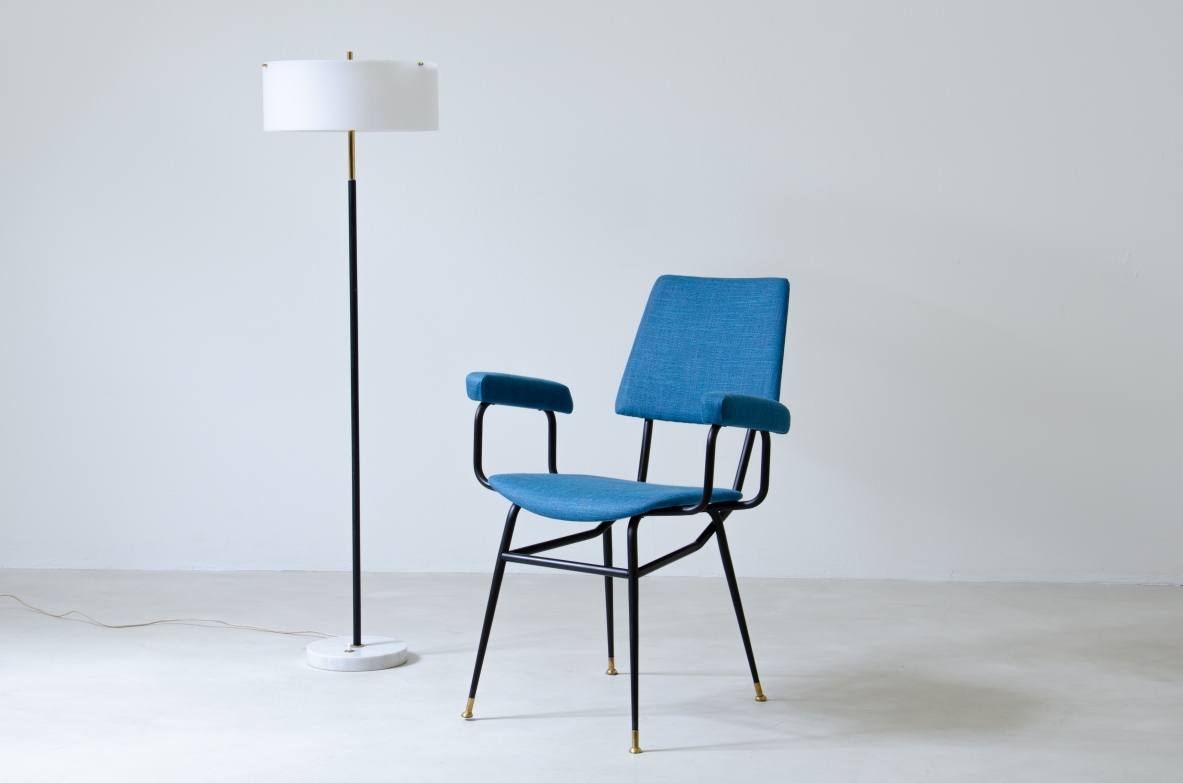 Armchair with iron structure and upholstered seat, armrests and backrest. Brass tips.  Studio BBPR, 1950s.