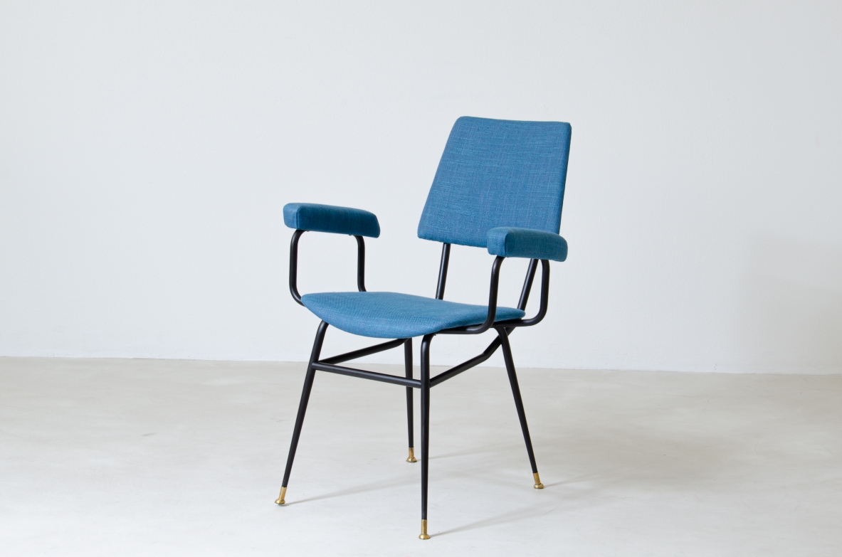 Armchair with iron structure and upholstered seat, armrests and backrest. Brass tips.  Studio BBPR, 1950s.