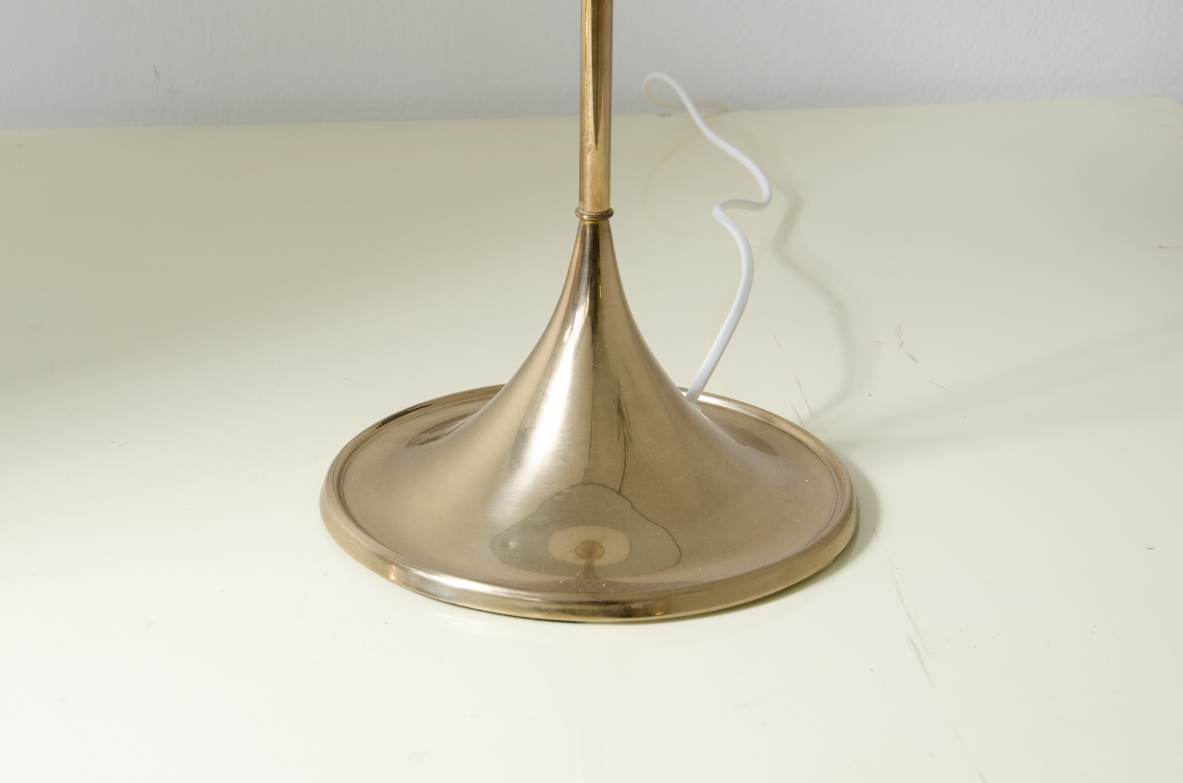 Pair of brass table lamps with ivory silk shade.  Manifacture Bergboms Sweden 1960s.