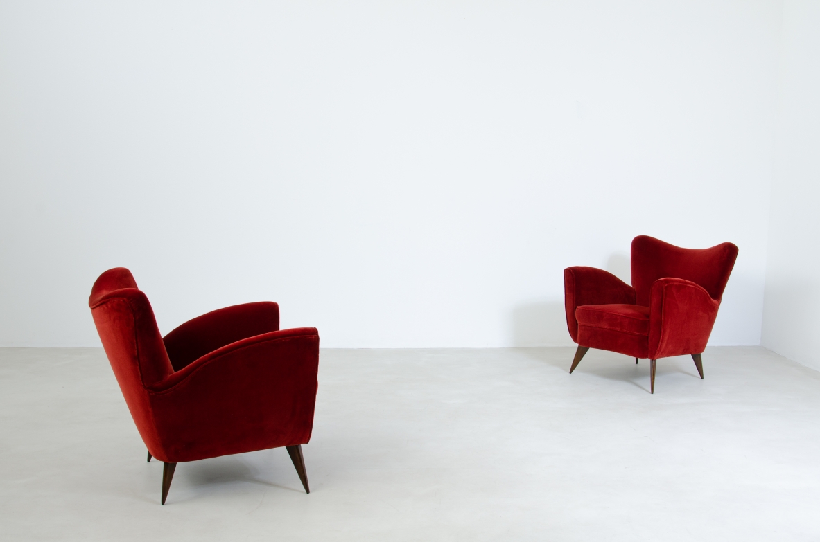 armchairs upholstered in velvet.  Isa Manufactory, Bergamo, Italy, 1950's.