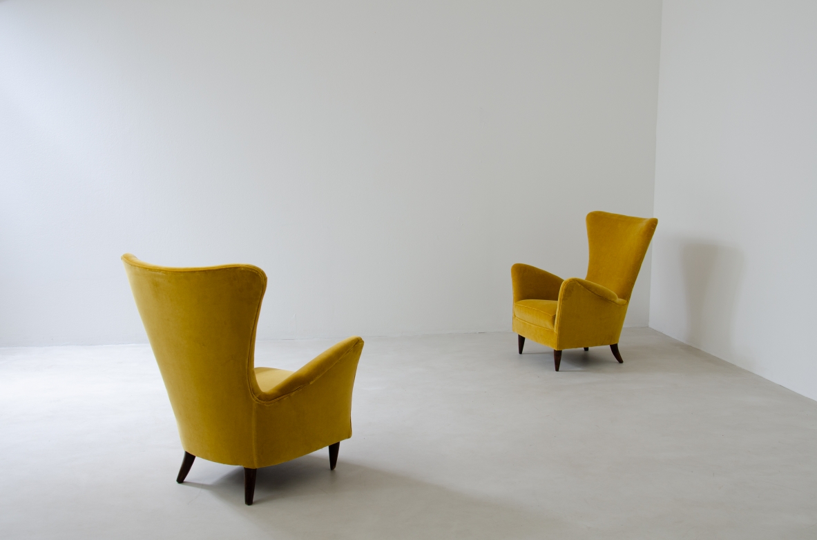 Pair of sculptural high back armchairs with velvet upholstery.  Italian manufacture, 1950s.