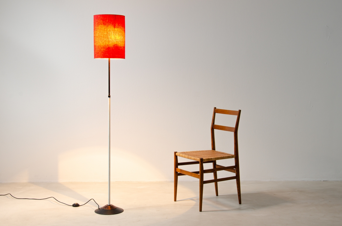 Stilnovo, floor lamp in anodized and painted metal with fabric lampshade.  Model 4072.1950s.  Original manufacturer label. 
