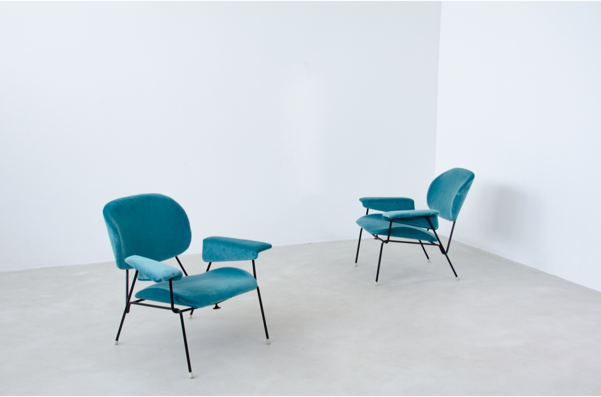 Augusto Bozzi, pair of armchairs with iron structure and upholstered fabric.  Saporiti Italia, 1960's.  Public Domus 388. 1963.