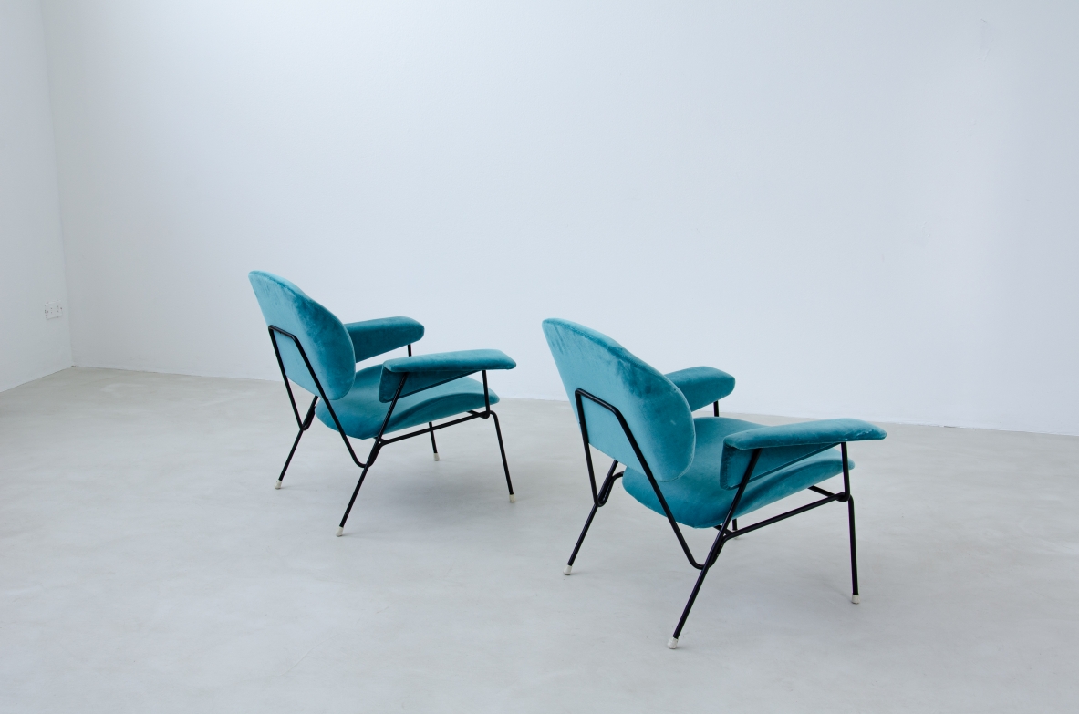 Augusto Bozzi, pair of armchairs with iron structure and upholstered fabric.  Saporiti Italia, 1960's.  Public Domus 388. 1963.