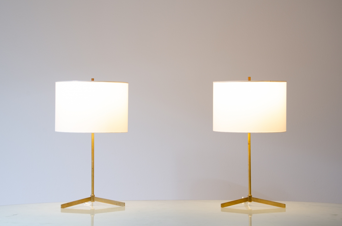 Pair of rare raw brass table lamps with fabric shade.  Falkenberg Manufactory, Sweden, 1950s.