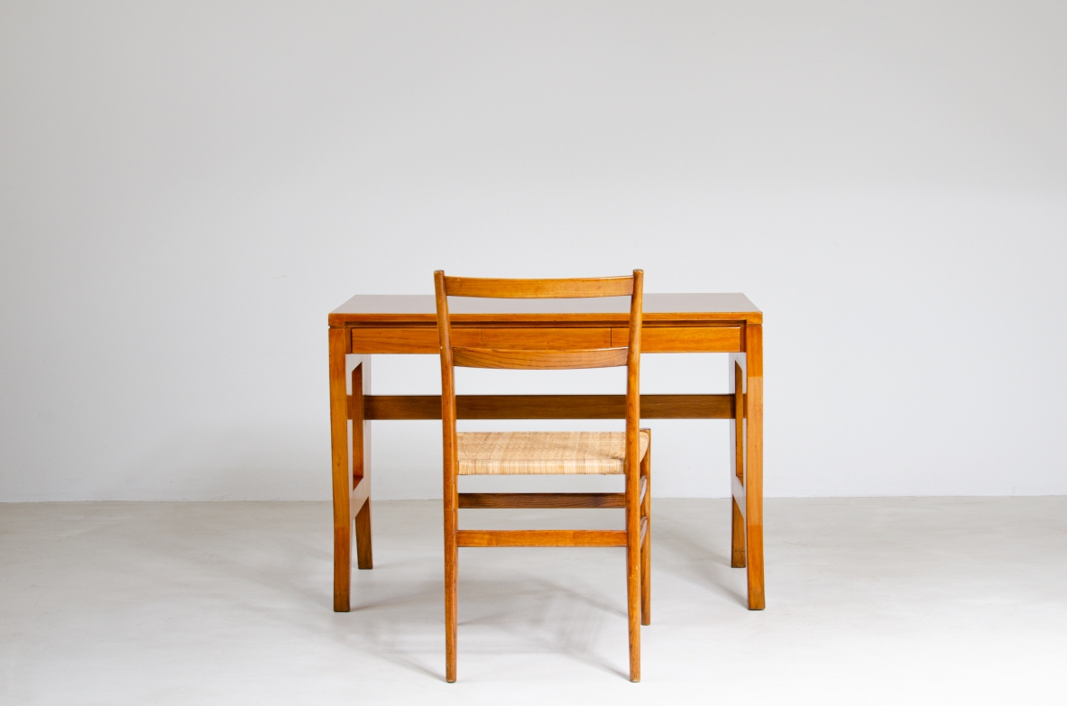 Giò Ponti, desk with wooden structure and brass tips, original brand BNL