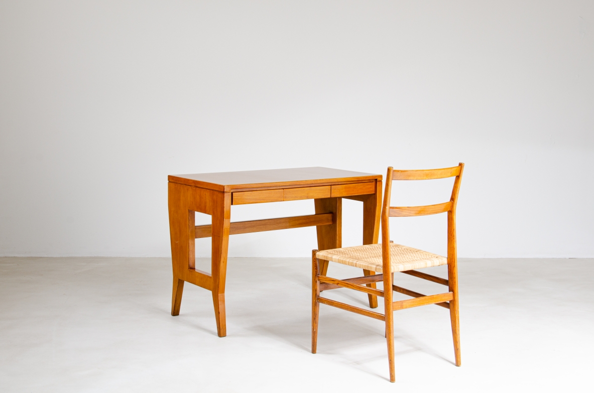 Giò Ponti, desk with wooden structure and brass tips, original brand BNL