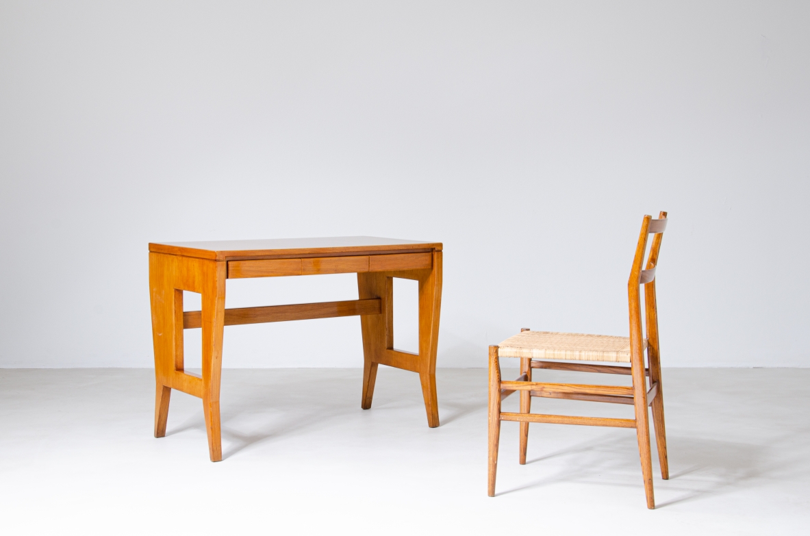 Giò Ponti, desk with wooden structure and brass tips, original brand BNL