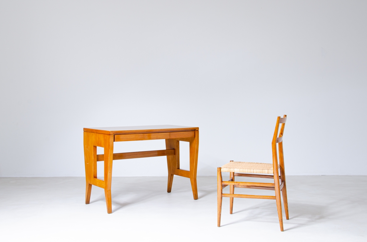 Giò Ponti, desk with wooden structure and brass tips, original brand BNL