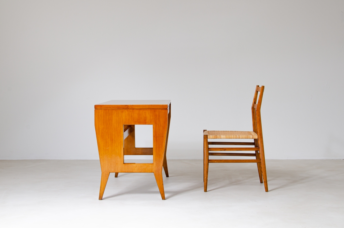 Giò Ponti, desk with wooden structure and brass tips, original brand BNL