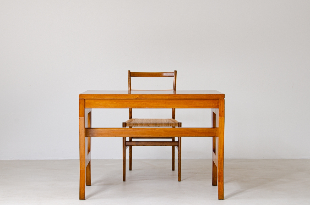 Giò Ponti, desk with wooden structure and brass tips, original brand BNL