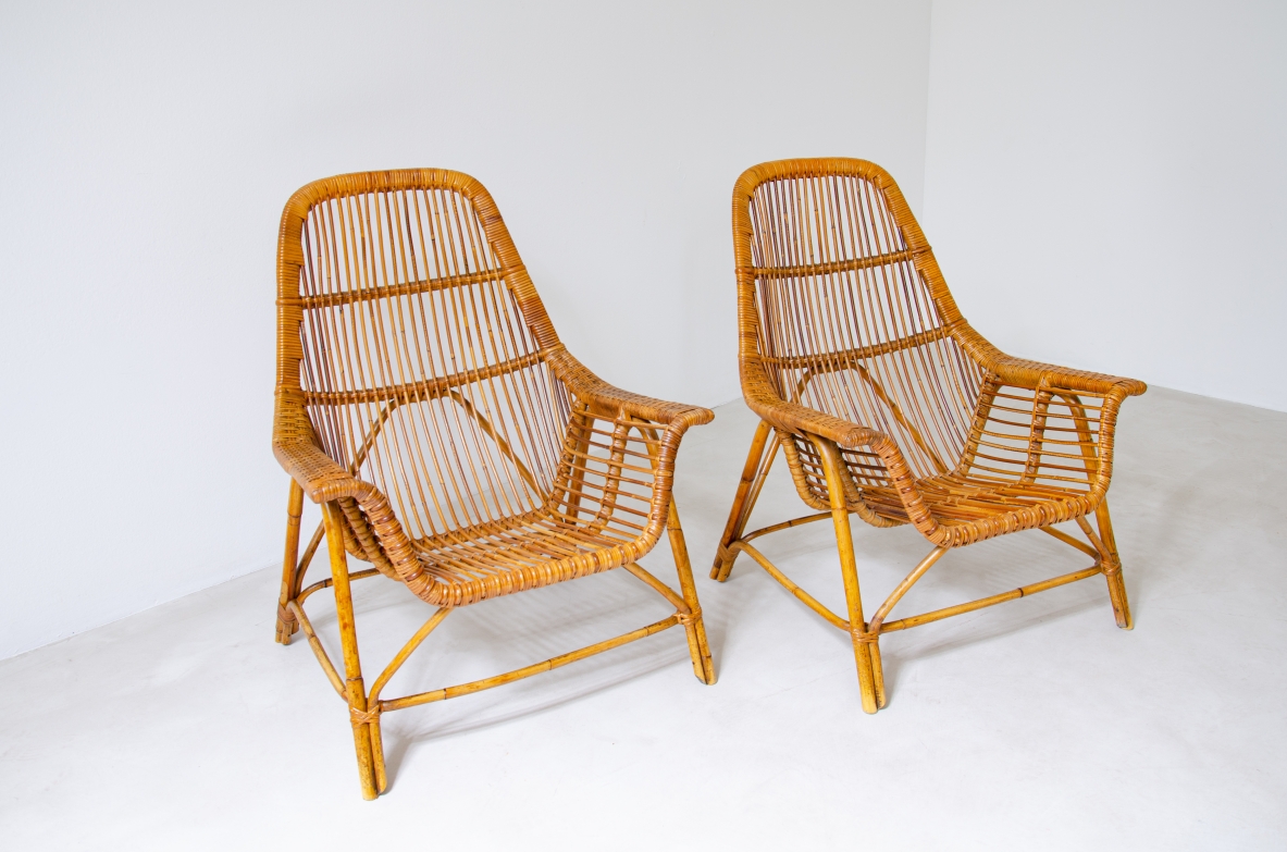 Pair of outdoor lounge chairs in wicker and bamboo.  Italian manufacture, 1950s.