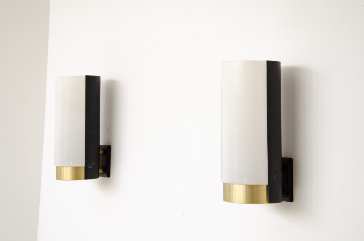 Pair of metal and brass wall lights with curved perplex shade.  Stilux Milan manufacture, 1960's.