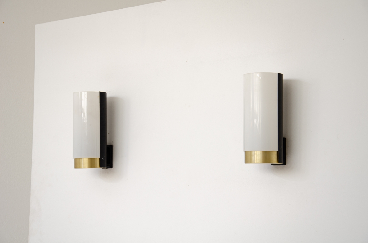 Pair of metal and brass wall lights with curved perplex shade.  Stilux Milan manufacture, 1960's.