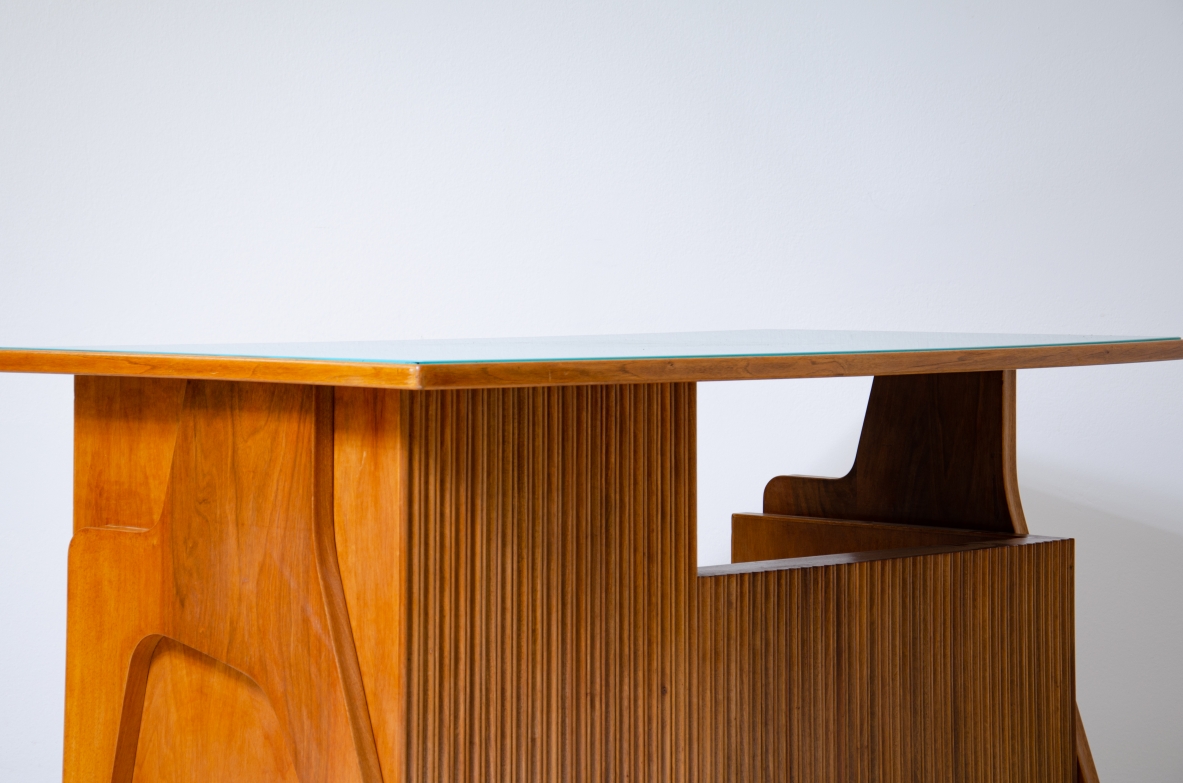 Oak desk with ribbed wood structure and green opaline glass top. Turin school, Italy, 1950's