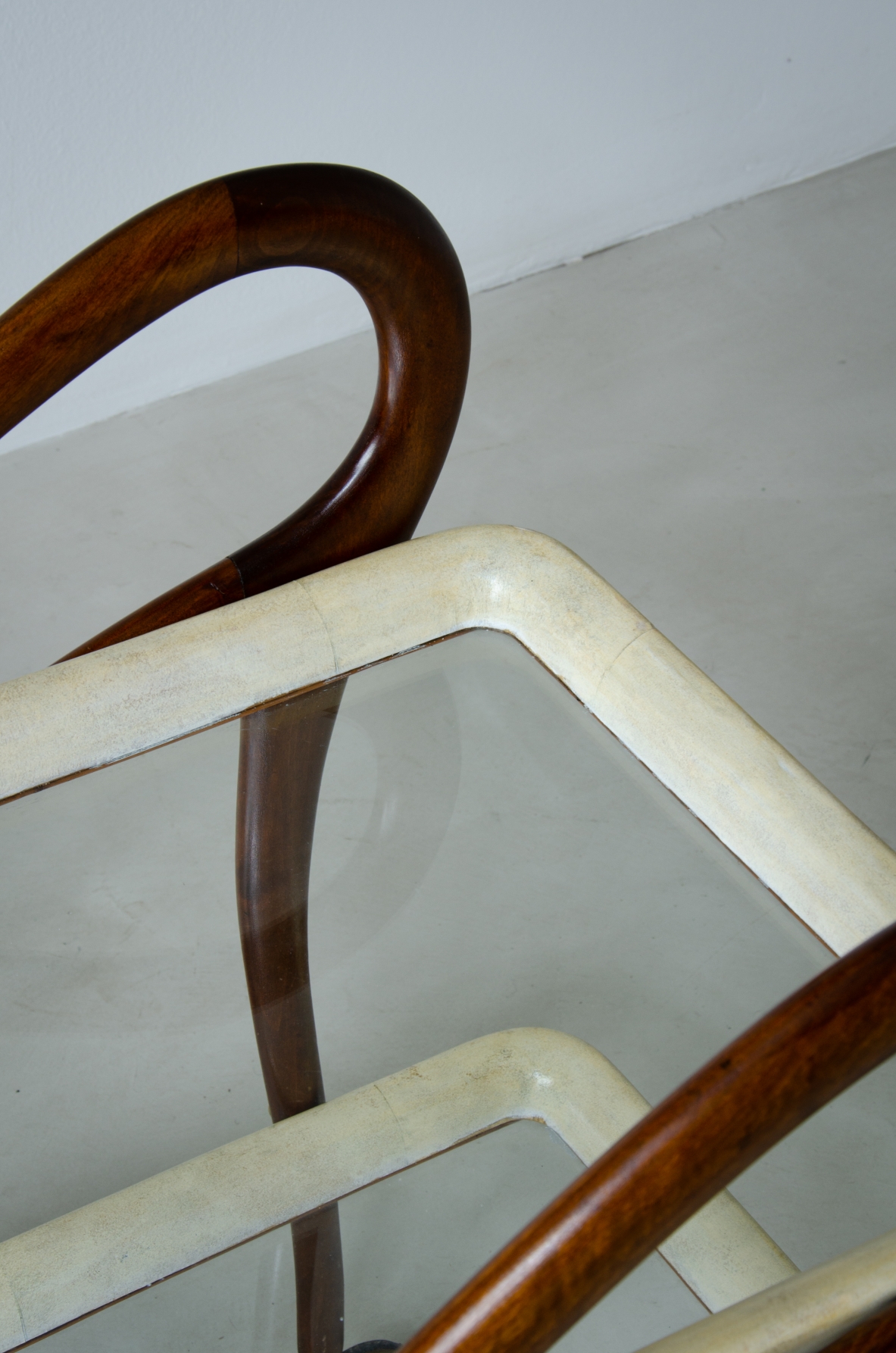 Bentwood service trolley with two glass and parchment tops.  1950's Italian manufacture.
