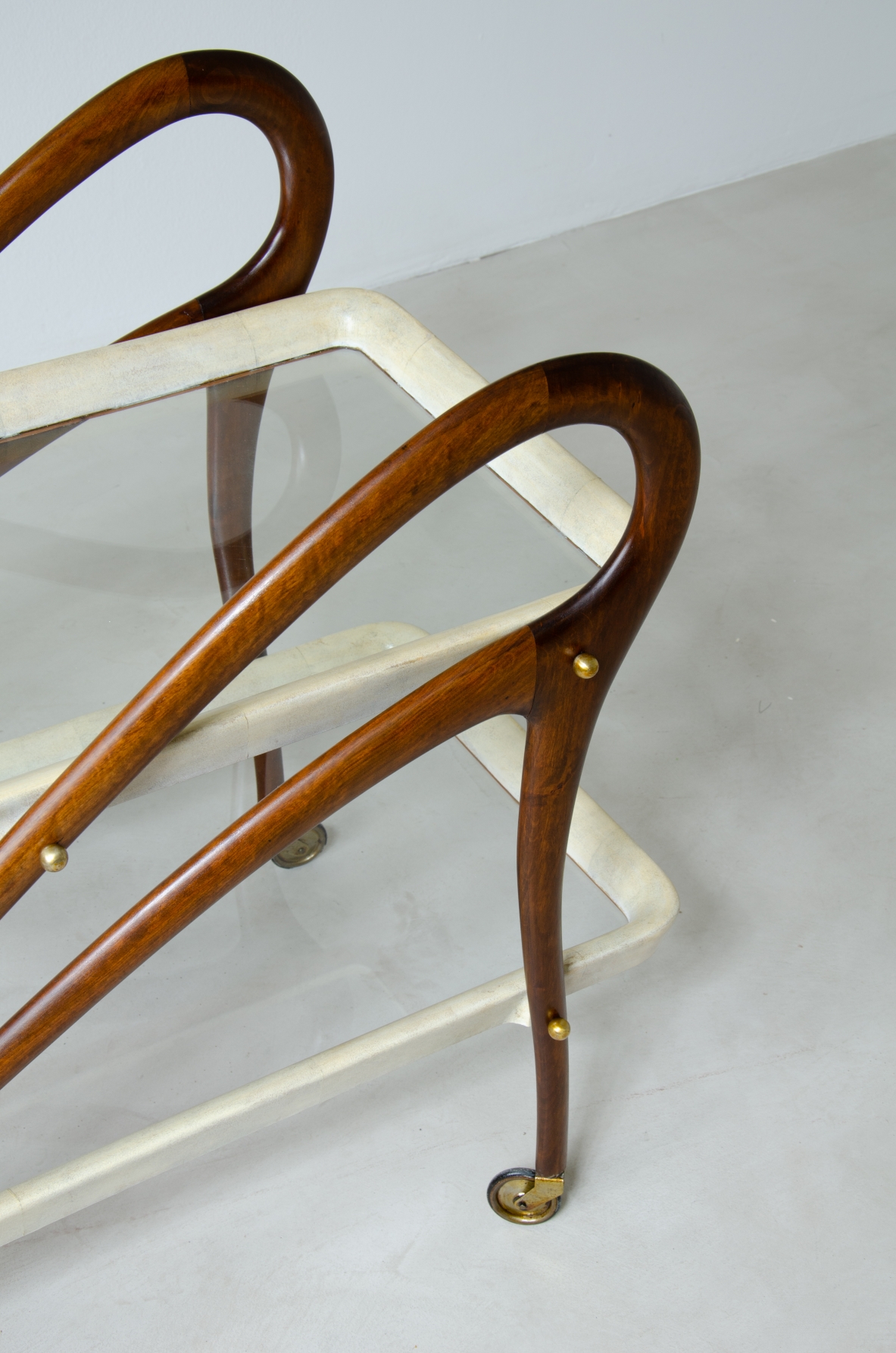 Bentwood service trolley with two glass and parchment tops.  1950's Italian manufacture.