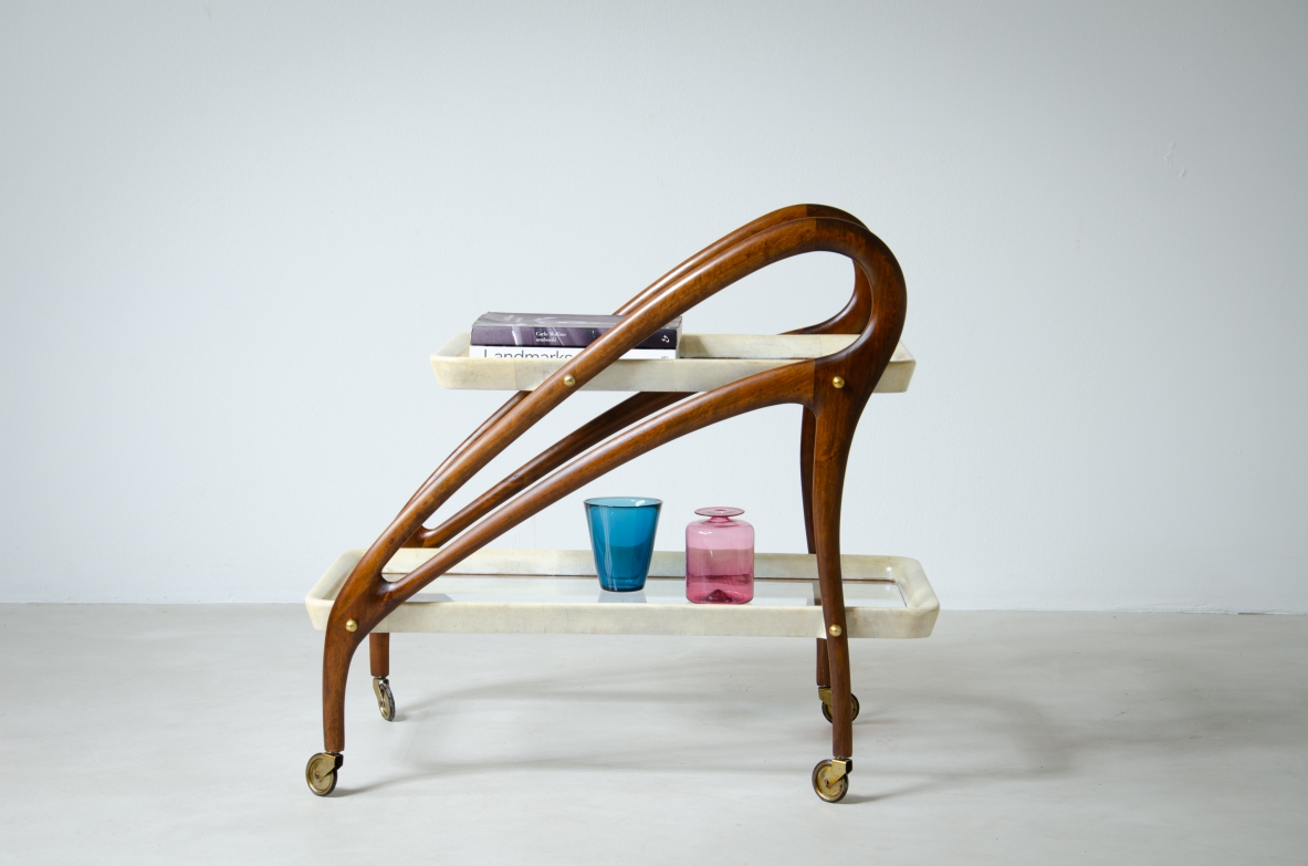 Bentwood service trolley with two glass and parchment tops.  1950's Italian manufacture.