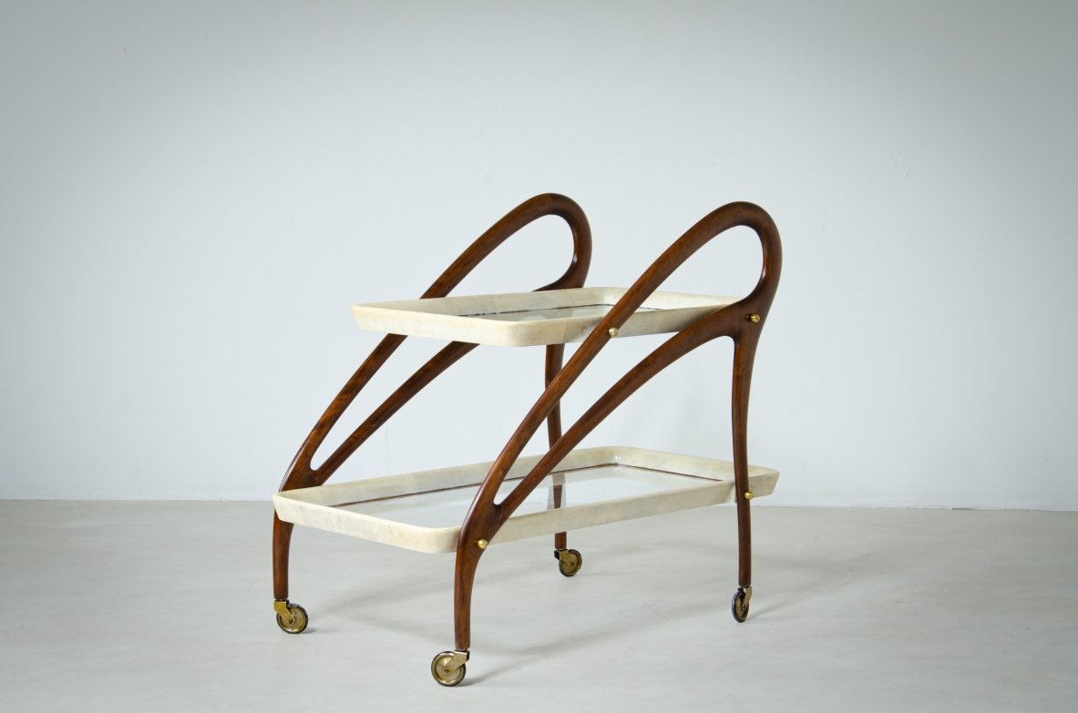Bentwood service trolley with two glass and parchment tops.  1950's Italian manufacture.