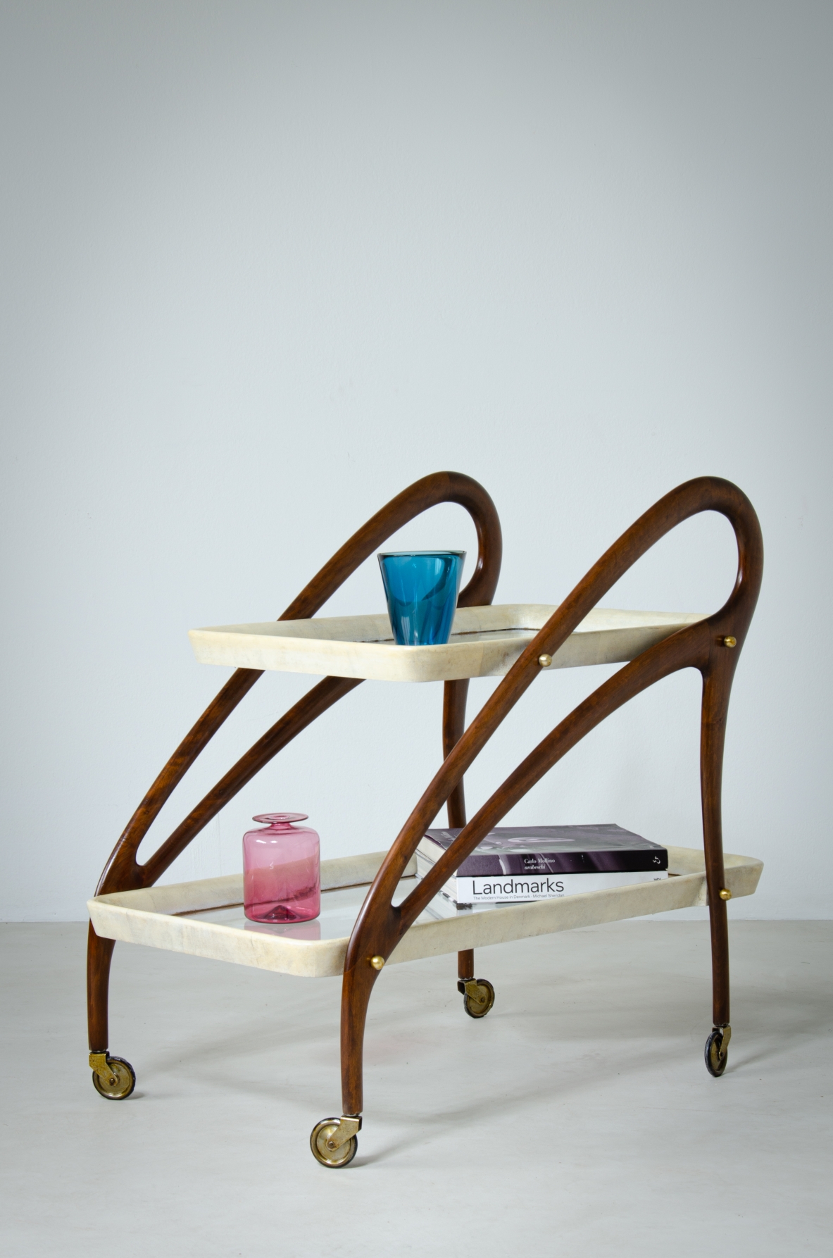 Bentwood service trolley with two glass and parchment tops.  1950's Italian manufacture.