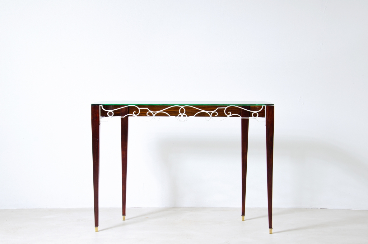 Fabrizio Clerici  Rosewood console with wrought iron front, glass top and brass tips.  Italian manufacture, 1950's.