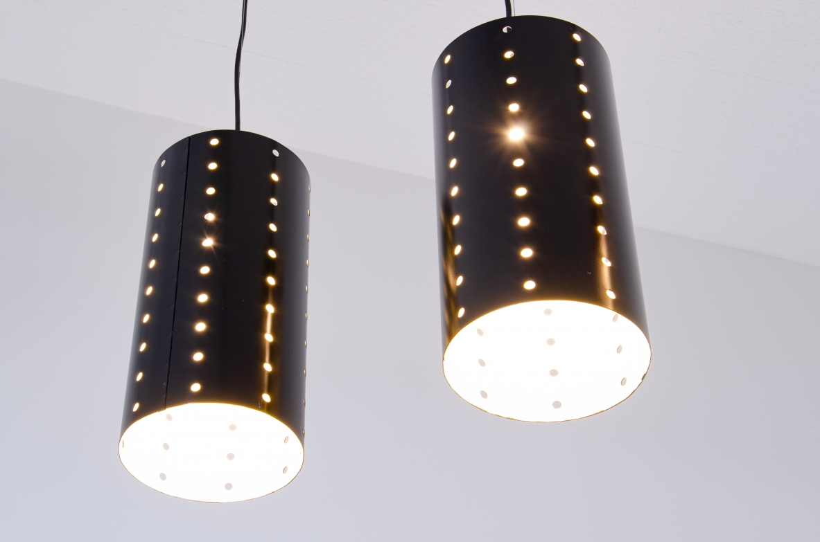 Set of four ceiling lamps with painted metal shade and brass cup.  1960's Italian manufacture.