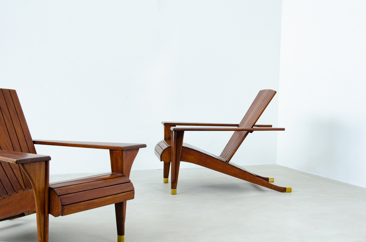 Gualtiero Spezza,  Rare pair of mahogany armchairs with brass tips.  1940's Italian manufacture.
