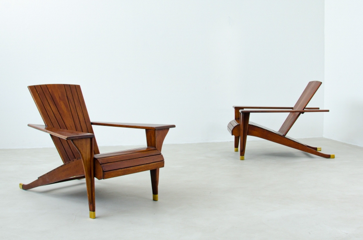 Gualtiero Spezza,  Rare pair of mahogany armchairs with brass tips.  1940's Italian manufacture.