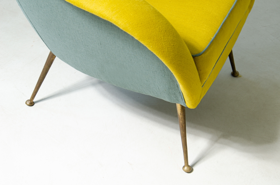 Pair of armchairs with linen upholstery and original burnished brass legs. 1950's Italian manufacture.